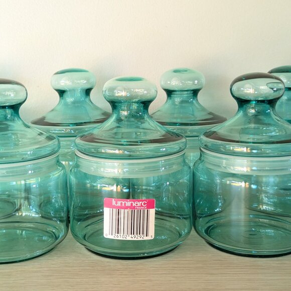 Vintage 2 LUMINARC aqua blue glass storage jars, Coastal FRENCH apothecary jars - Picture 9 of 10